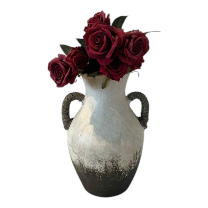 15x10" Clay Vase With Rope Handles, White/brown