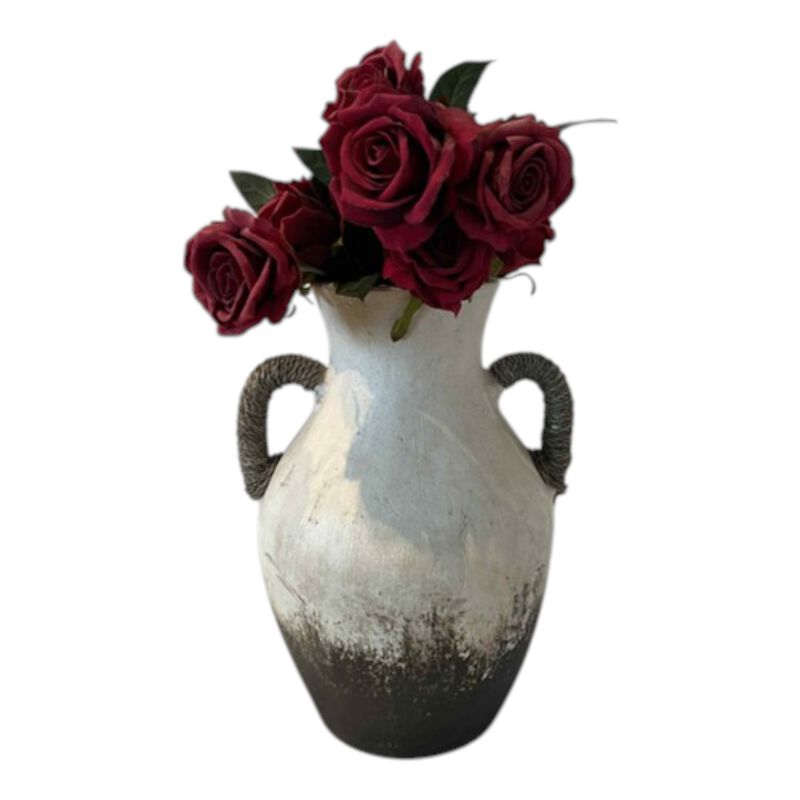 15x10" Clay Vase With Rope Handles, White/brown image number 1