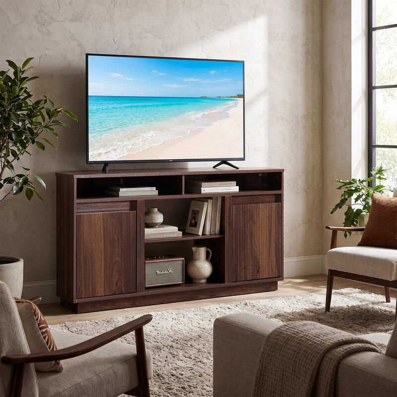47" Dark Walnut Mid-Century Modern Wood Fluted Door Corner TV Stand Media Console with Open Shelf and Cabinet for TVs up to 50" image number 4