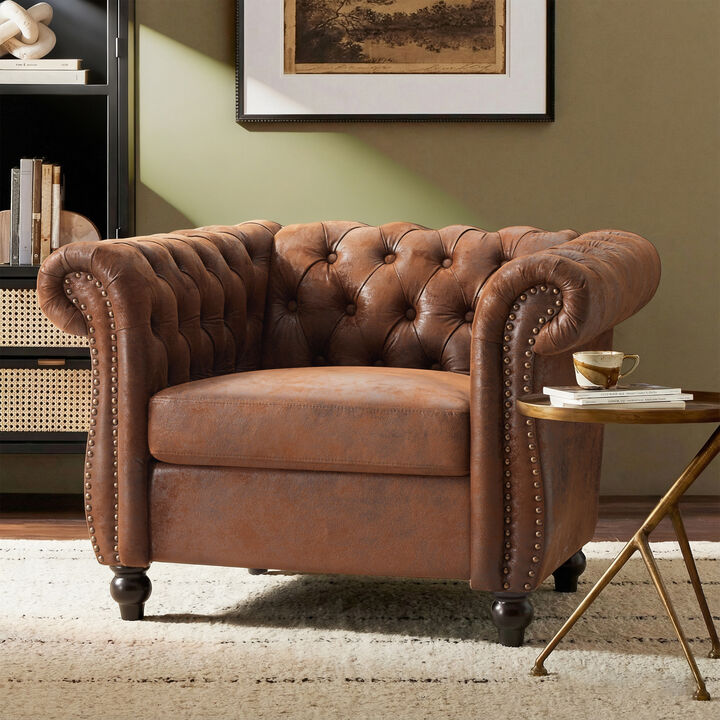 Whisen Classic Club Chair with Diamond Tufting, Scrolled Arms, and Wooden Legs