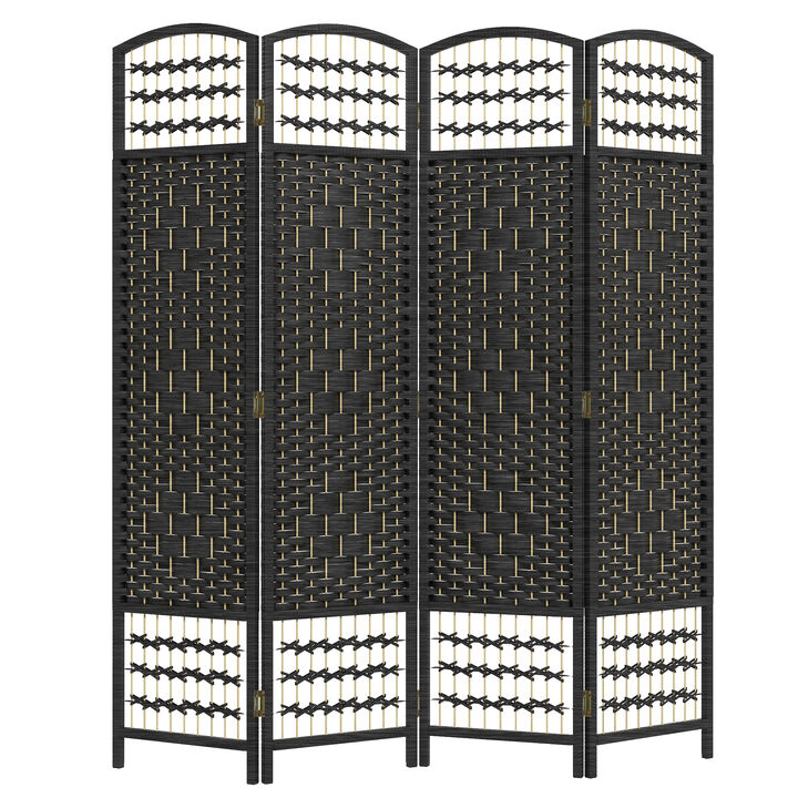 4 Panel Folding Room Divider Privacy Screen Wave Fiber Room Separator Black