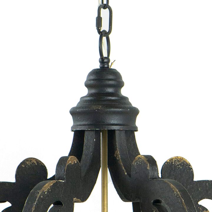 Aki 21 Inch Carved Wood Chandelier, 6 Lights, Vintage Classic, Black, Gold - Benzara