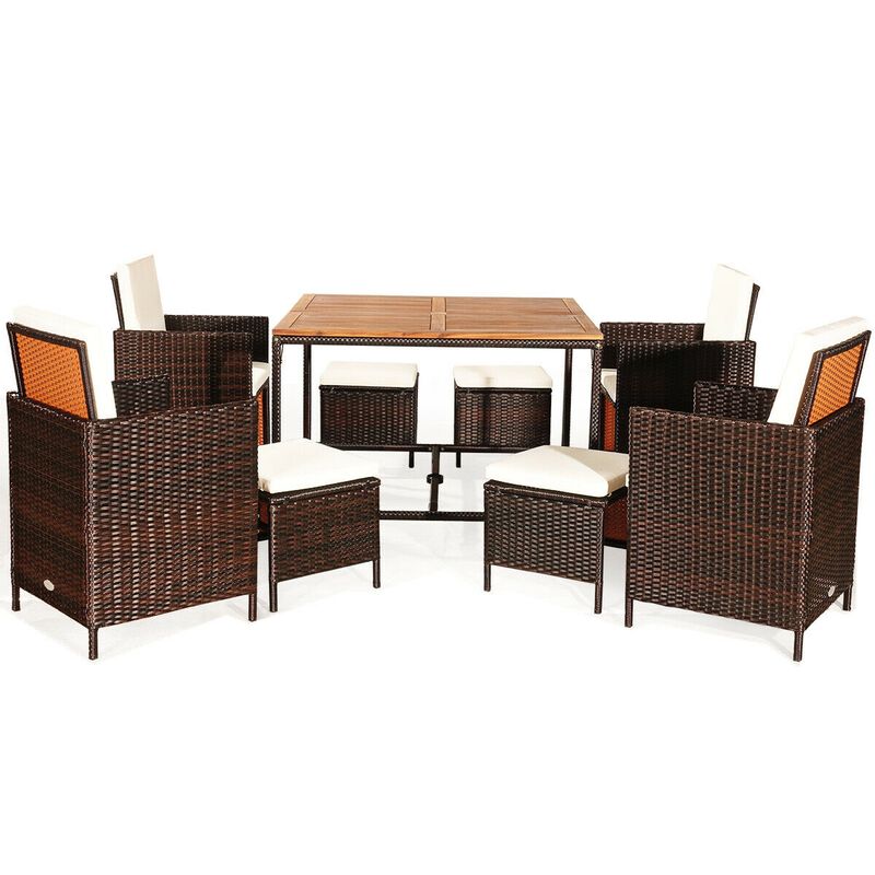 9 Piece Patio Rattan Dining Set with Cushioned Chairs for Outdoor Meals