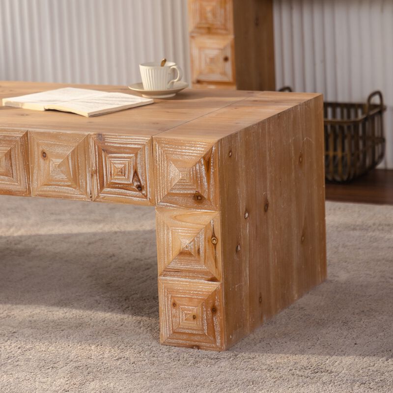 47.24"Rustic Geometric Relief Coffee Table-Rectangle Coffee Table with 3D Carved Details image number 5