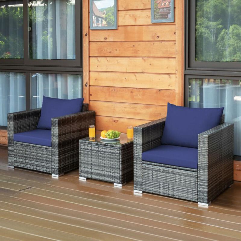 Hivvago 3 Pieces Patio Rattan Furniture Bistro Sofa Set with Cushioned