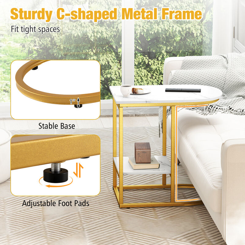 Space-Saving C-Shaped Sofa Side Table with Faux Marble and Storage Shelf