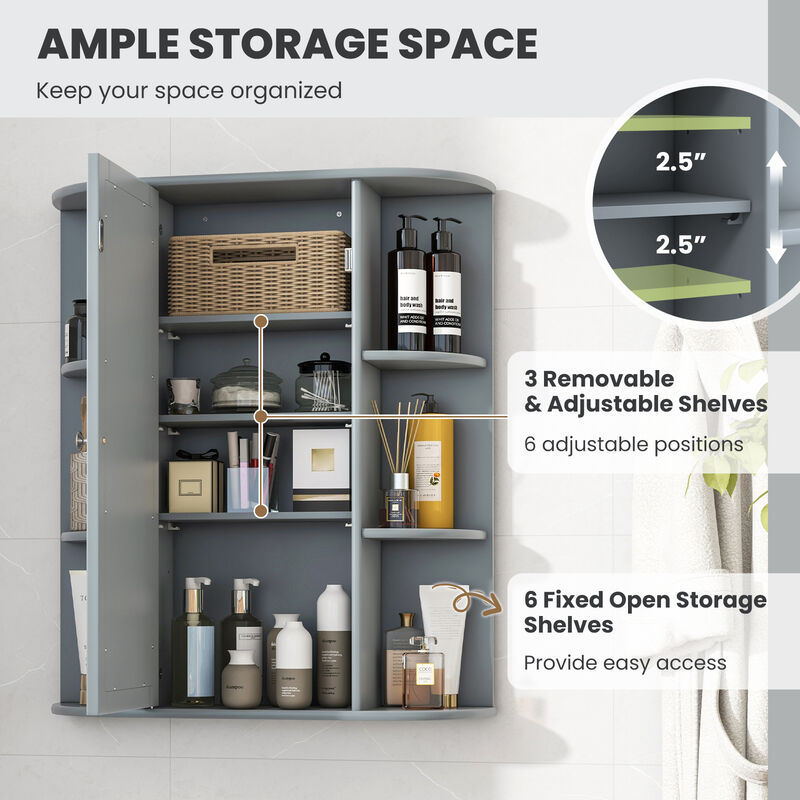 Costway Bathroom Cabinet Medicine Cabinet Single Door Shelves Wall Mount Cabinet W/ Mirror Gray