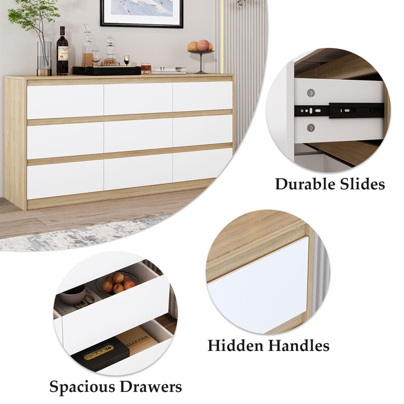 9-Drawer Natural Brown Wood Dresser Modern Style 31.5 in. H x 63 in. W x 15.7 in. D