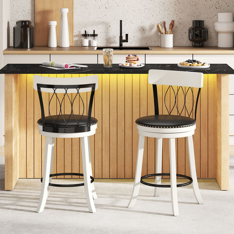Swivel Bar Stools Set of 2 with Decorative Rivets and Wooden Footrest Frame