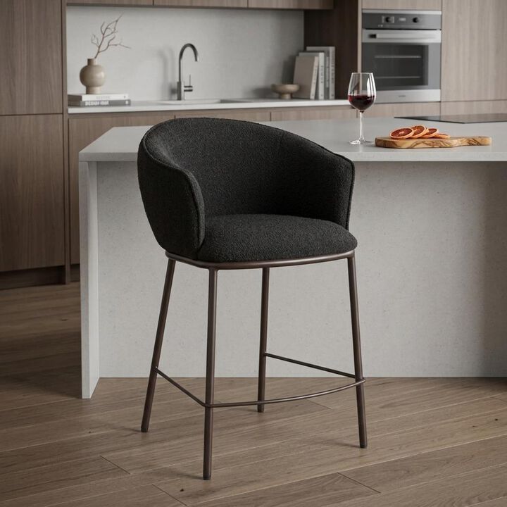 HomeRoots 26" Black and Bronze Shearling and Steel Counter Height Bar Chair