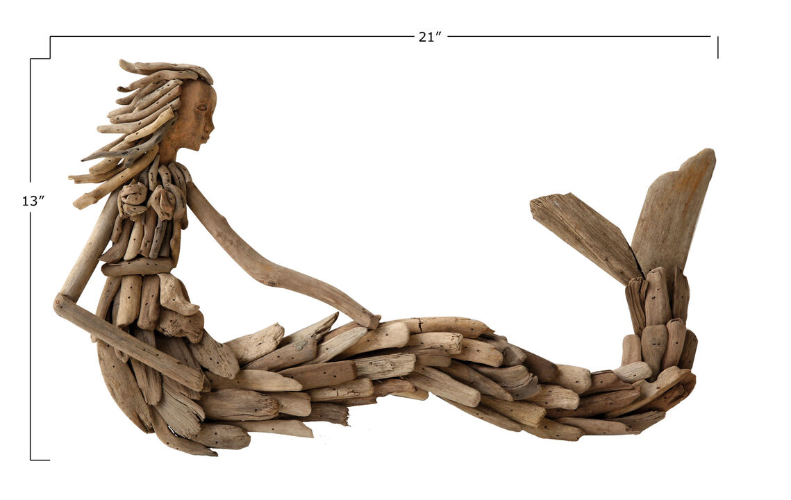 Driftwood Sitting Mermaid Wall Decoration, Brown Finish