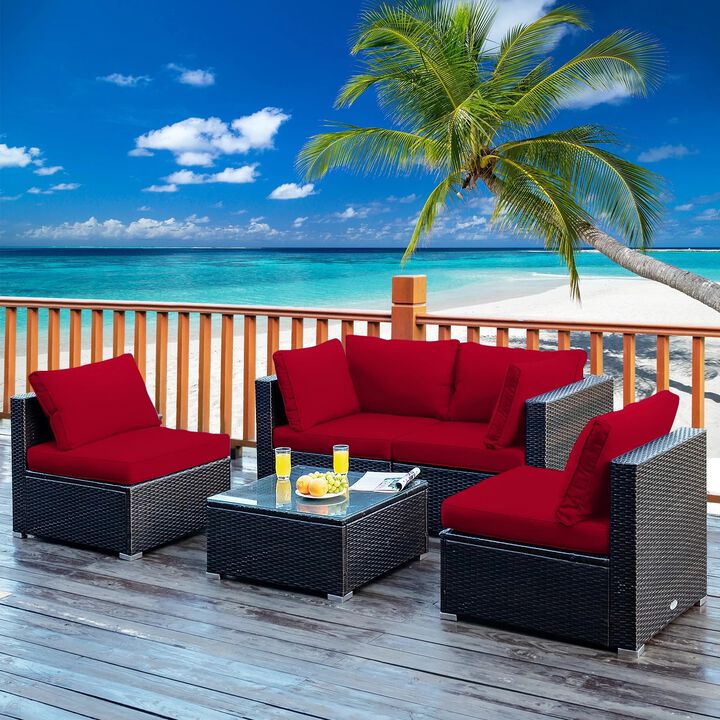 Mondawe 5 Pieces Cushioned Patio Rattan Furniture Set with Glass Table