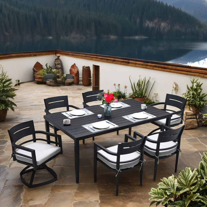 Modern 7-Piece Aluminum Patio Dining Set with Ergonomic Dining Chairs, Swivel Rockers, Sunbrella Fabric Cushions & Umbrella-Ready Rectangle Table
