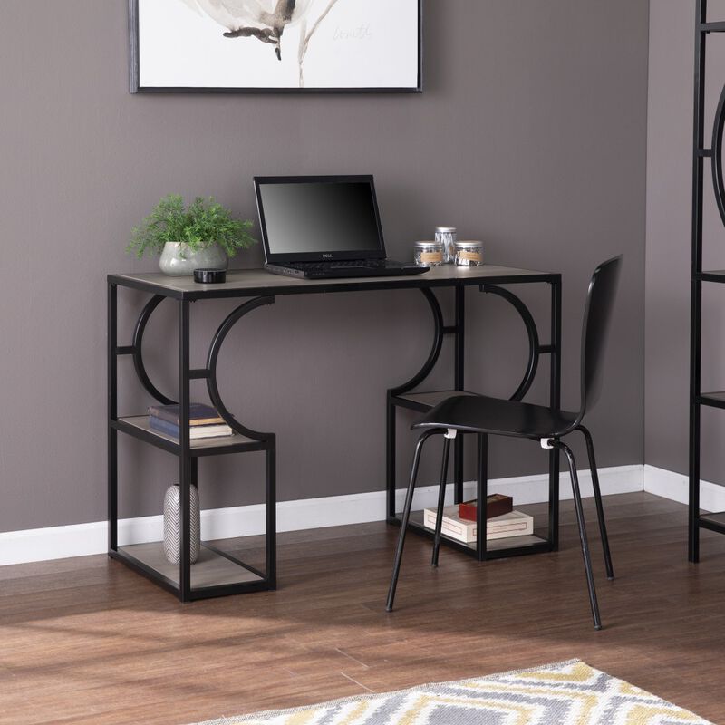 Rustic Wood and Metal Writing Desk with Storage Shelves and Drawers