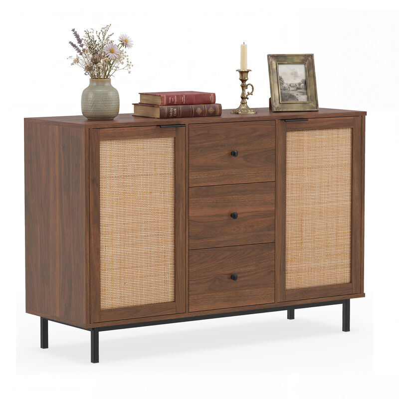 Farmhouse Sideboard Buffet Cabinet with 2 Rattan Doors and 3 Drawers image number 3
