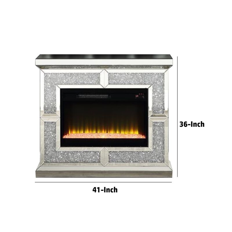 Noe 41 Inch Mirrored LED Electric Fireplace, Remote, Faux Diamond, Silver - Benzara