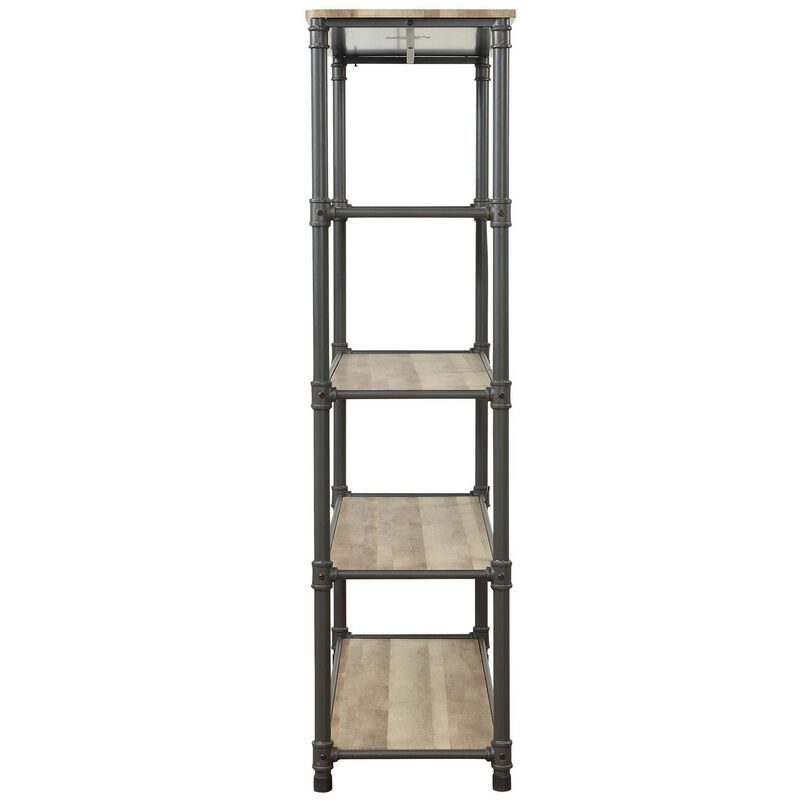 Pipe Inspired Steel Frame Bookshelf with Five Fixed Shelves, Oak Brown and Sandy Gray-Benzara