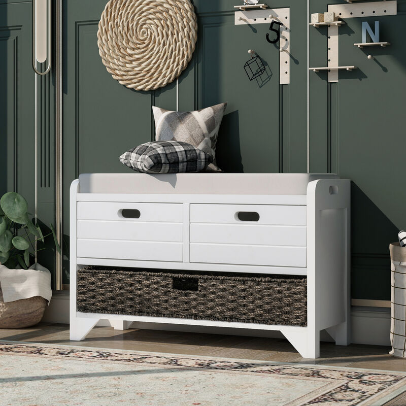 Storage Bench With Removable Basket And 2 Drawers, Fully Assembled Shoe Bench