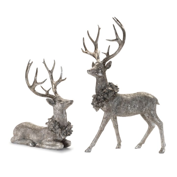 Christmas Deer Figurines (2-Piece Set) – Rustic Holiday Reindeer Decorations for Tabletop and Home Accents