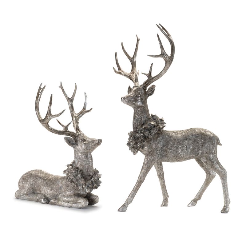 Christmas Deer Figurines (2-Piece Set) – Rustic Holiday Reindeer Decorations for Tabletop and Home Accents