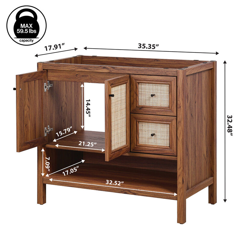 Jasper 36 in. W x 18 in. D x 33 in. H Rattan Modern Coastal 2-Shelf Bath Vanity Cabinet Only (Sink Basin Not Included)