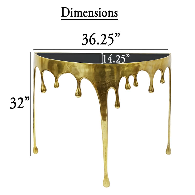 Capri Sofa Console Table | 36.25" Half Moon Glass Top | Melting Drip Design | Aluminum Cast | Antique Gold