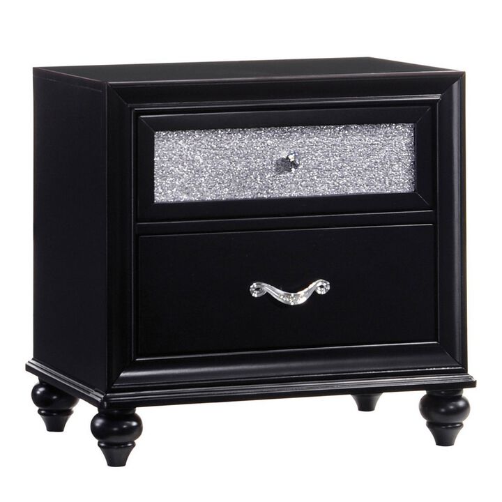 Two Drawers Wooden Nightstand with Acrylic Drawer Front, Black-Benzara