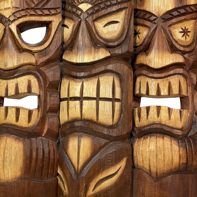 20 Inch Carved Wood Tiki God Masks Tropical Beach Hawaiian Home Decor Set of 3 image number 2