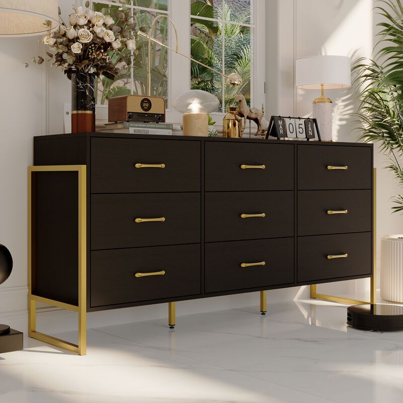 9-Drawer Dresser - Sleek Black & Gold, Premium Quality Chest