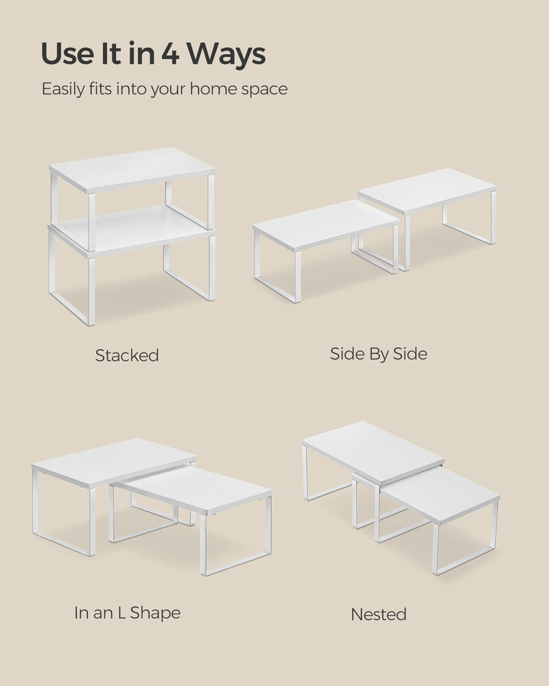 Set of 4 Stackable Cabinet Shelf Organizers - Metal and Particleboard Kitchen Counter Shelves, Expandable