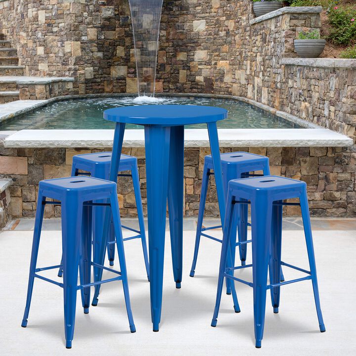 Flash Furniture Ormsby Commercial Grade 24" Round Blue Metal Indoor-Outdoor Bar Table Set with 4 Square Seat Backless Stools
