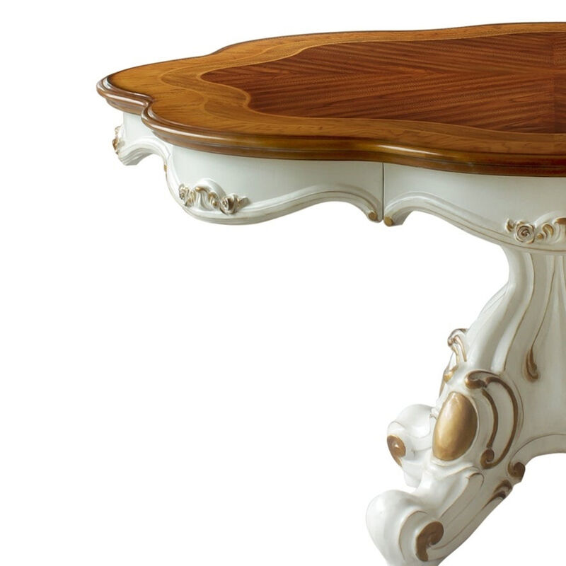 Wooden Top Dining Table With Pedestal Feet, Antique Pearl & Cherry Oak - Benzara