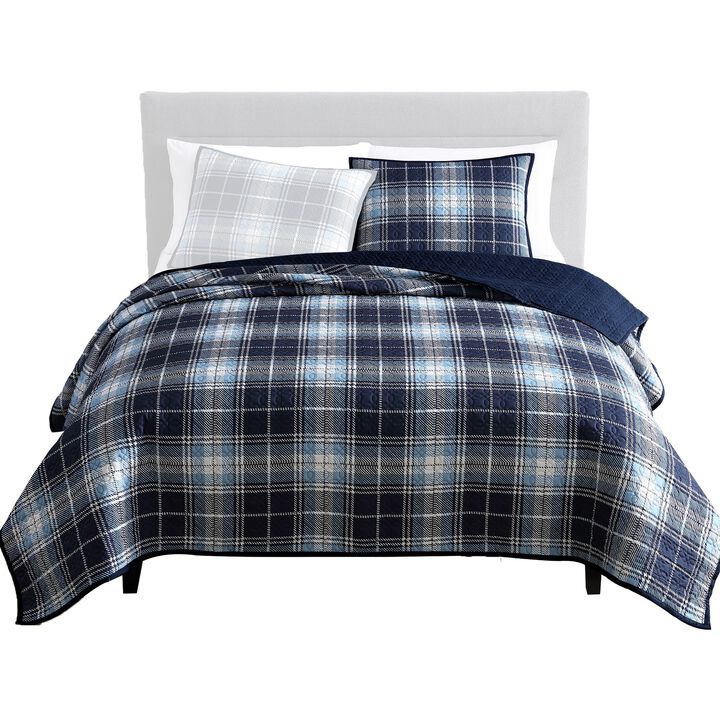 Ivy 2 Piece Twin Size Plaid Coverlet with Matching Sham, Blue, White - Benzara