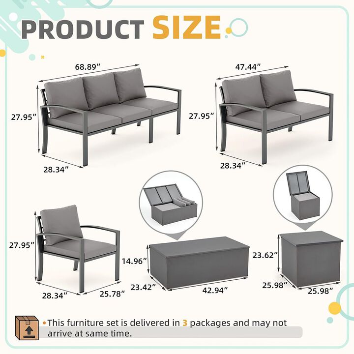 Mondawe 6-Piece Metal Outdoor Dining Furniture Set, Patio Conversation Set with Cushions and Storage Boxes