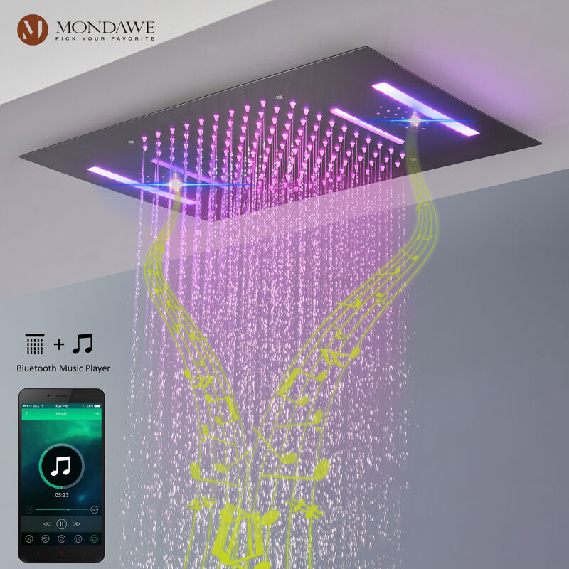 Mondawe 64 Colors LED Light and Music 3 Functions 4 Sprays Flush Ceiling Mounted Thermostatic Shower System with 6 Body Jets and Rough-in Valve in Titanium Gold image number 3