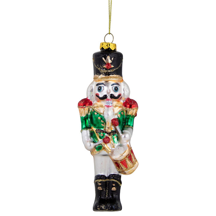 5.25" Green  Red and Gold Nutcracker With Drum Glass Christmas Ornament