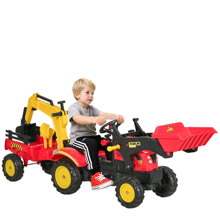 BreeBe 3 in1 Kids Ride On Bulldozer Excavator Toy with 6 Wheels Controllable Cargo Trailer Easy Pedal Controls
