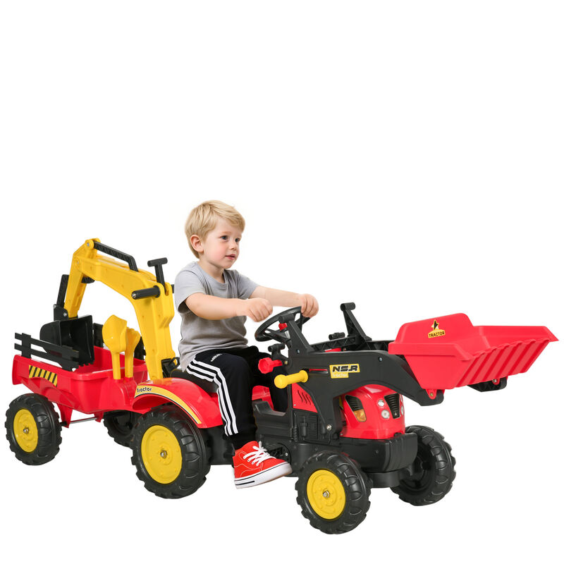 BreeBe 3 in1 Kids Ride On Bulldozer Excavator Toy with 6 Wheels Controllable Cargo Trailer Easy Pedal Controls image number 0