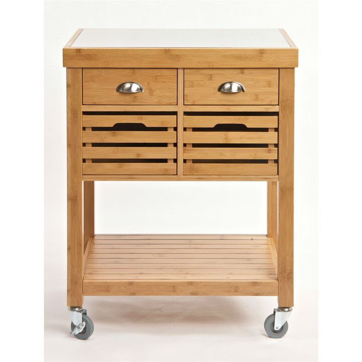 QuikFurn Stainless Steel Top Bamboo Wood Kitchen Cart with Casters
