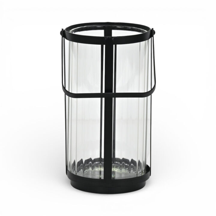 HomeRoots 9" Clear And Black Glass And Metal Tabletop Lantern Candle Holder