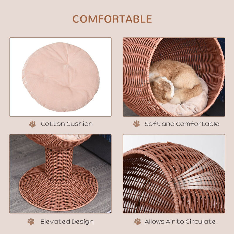 27" Hooded Wicker Elevated Cat Bed Rattan Kitten Condo Round with Cushion, Brown image number 5
