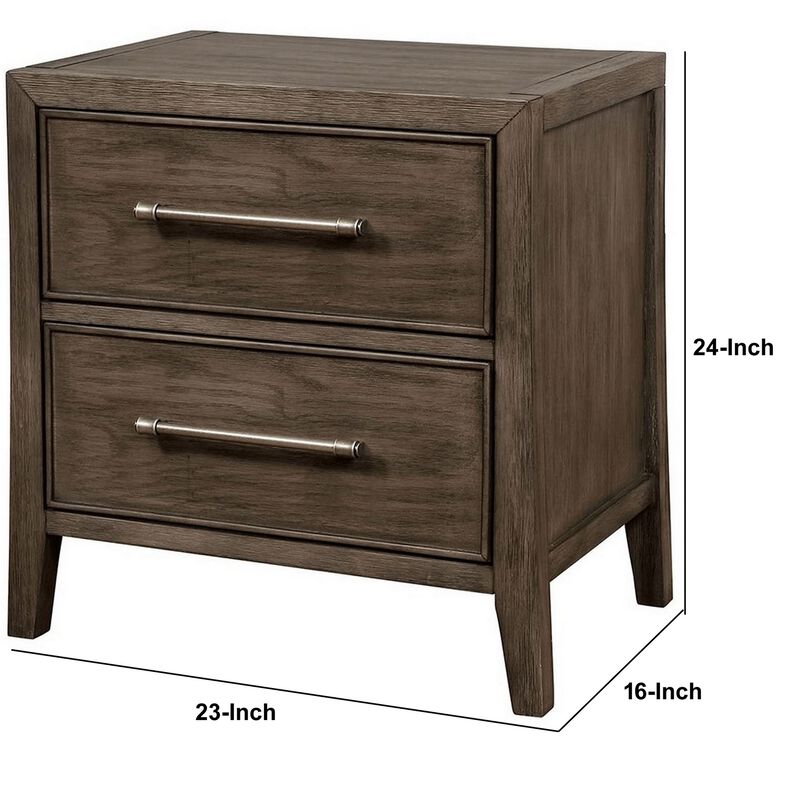 2 Drawer Wooden Nightstand with Metal Bar Pulls and USB Port, Brown-Benzara