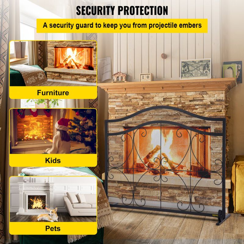 Iron Fireplace Screen with Spark Protection, Mesh Panel and Fireplace Accessories Set-Black image number 4