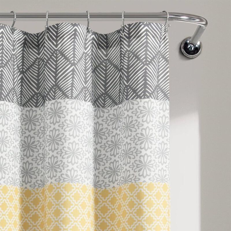 Hivvago 72-in. Yellow Black White Grey Floral Damask Boho Polyester Shower Curtain