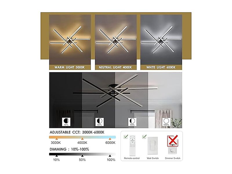 Modern LED Chandelier Remote Control 6 Lights Black Semi Flush Mount Ceiling 60W image number 2