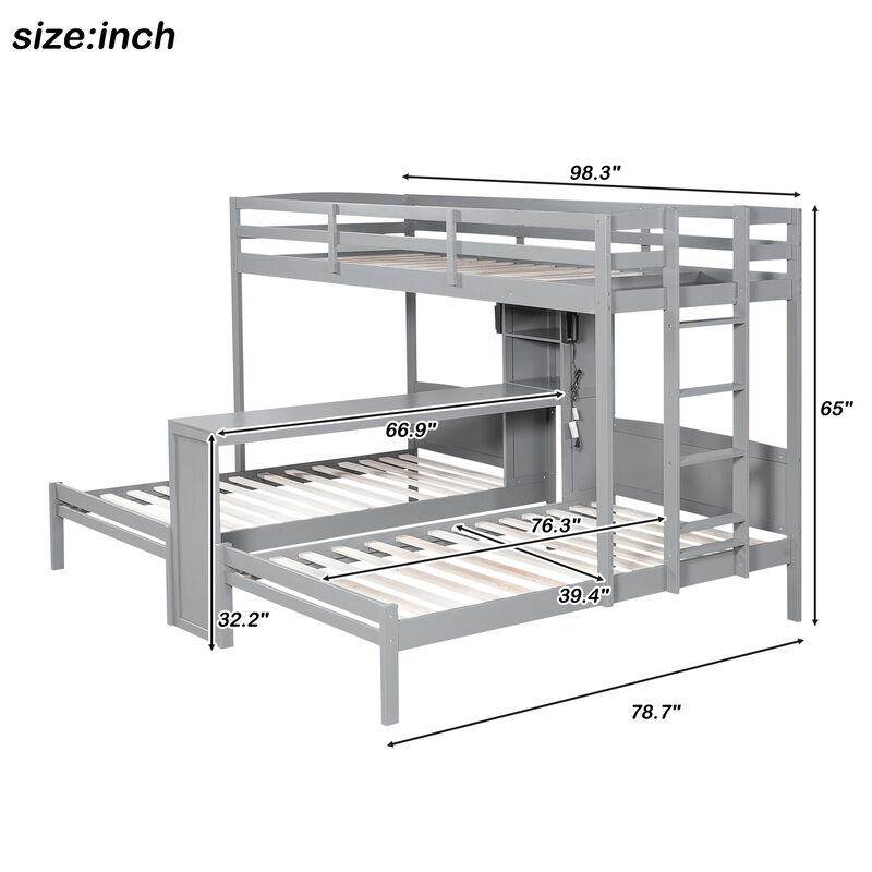 Merax Twin over Twin&Twin Bunk Bed with Built-in Desk and Storage Shelves image number 4