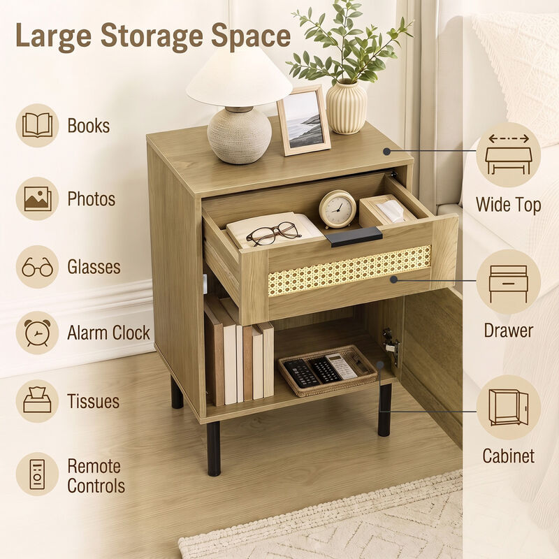 Rattan Nightstand with Drawer and Storage Cabinet for Bedroom and Dorm image number 5