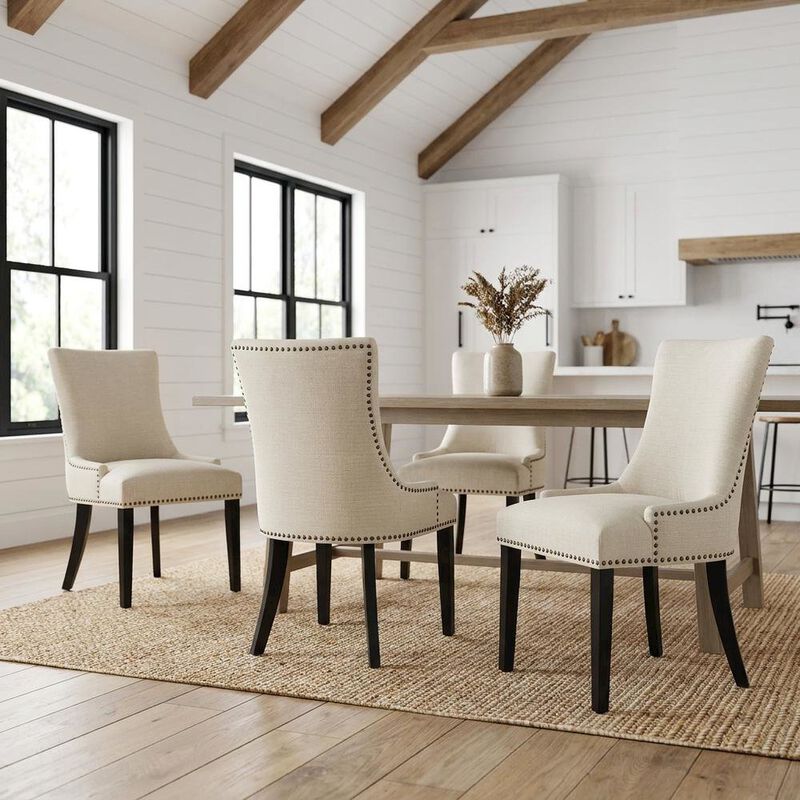 Fabric Upholstered Dining Chairs with Arms, Beige, Set of 4 image number 4