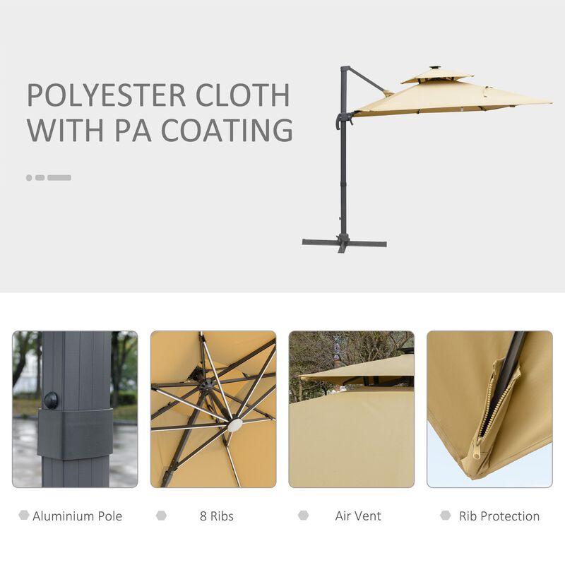 Khaki Patio Shade: 10ft Solar LED Cantilever Umbrella with Rotation