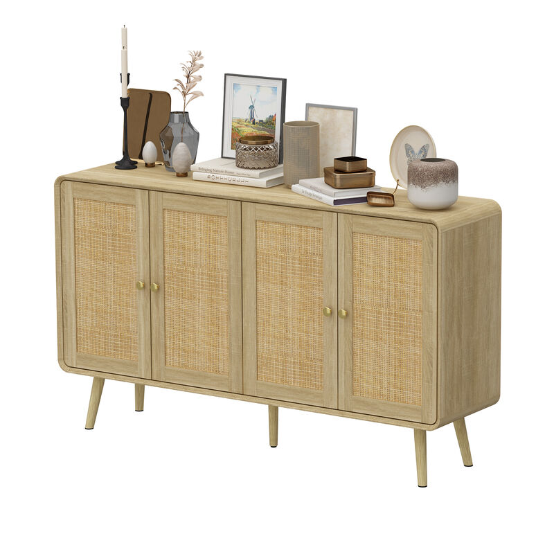 FUFU&GAGA Rattan Wardrobe, Modern Closet with 4 Doors, Gold Handles & Solid Wood Legs, Bedroom Storage Cabinet for Clothes & Accessories (55.1" W x 32.1" H x 13.9" D), Natural Wood